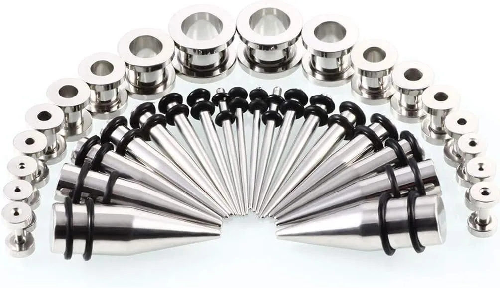 36pcs Ear Stretching Kit 14G-00G Surgical Steel Tapers Tunnels Gauges Set for Starter Women Men Expanders Body Piercing Jewelry