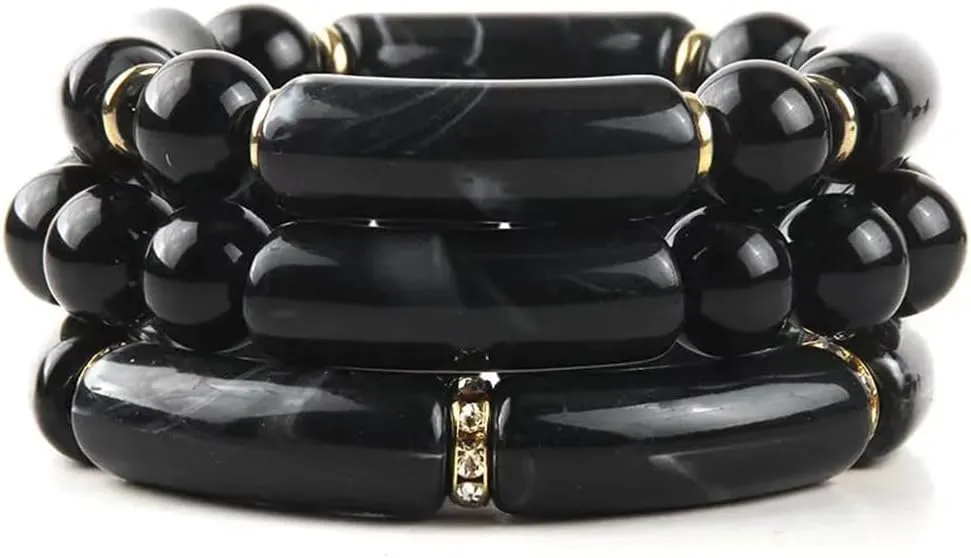 3PCS Acrylic Bamboo Tube Bangles Bracelet/Boho Gemstone Beaded Stackable Bracelets for Men Women,Handmade Wrap Bracelet Unisex Friendship Resin Western Jewelry Stretch Bracelets Set