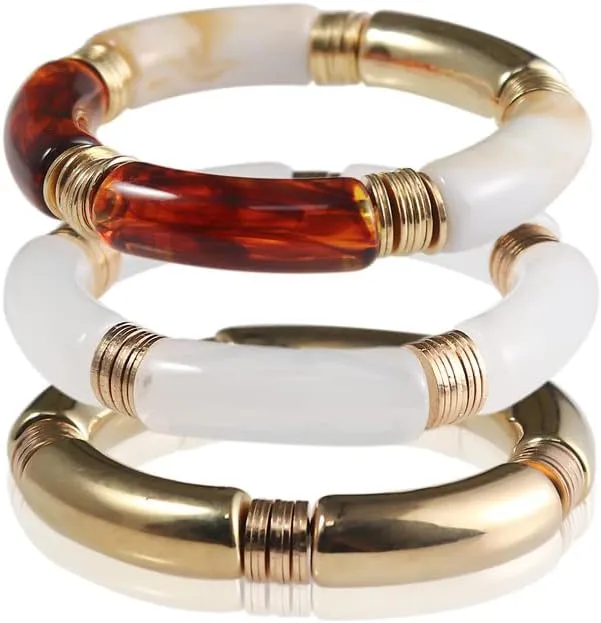 3pcs Colorful Acrylic Bamboo Tube Bending Tube Elasticity Bangles Bracelet Set Chunky Curved Cuff Stretchable Adjustable for Women Jewelry-A