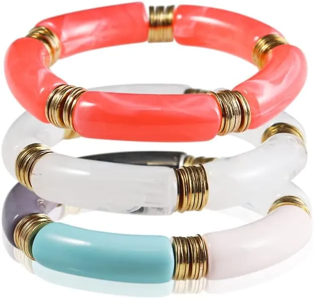 3pcs Colorful Acrylic Bamboo Tube Bending Tube Elasticity Bangles Bracelet Set Chunky Curved Cuff Stretchable Adjustable for Women Jewelry-C