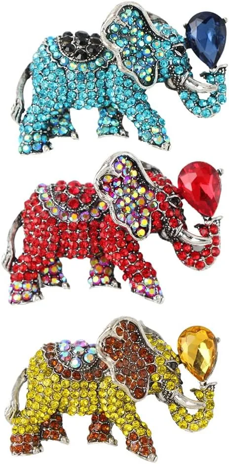 3Pcs Exquisite Red Blue Golden Radiance Crystal Elephant Brooch Pin Animal Themed Brooches for Unisex Clothing Accessories
