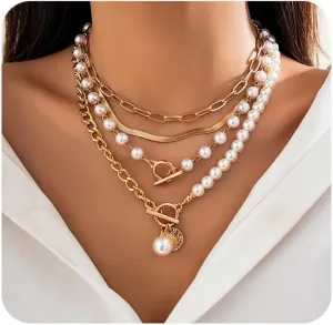 4 PCS Layered Gold Necklace for Women Chunky Gold Necklace Stack Paperclip Chain Pearl Necklace Herringbone Choker Necklace Fashion Jewelry Gifts