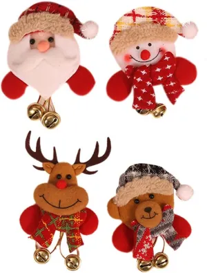 4 PCS Luminous Christmas Brooches Pin LED Glowing Badges Light Up Cute Brooch Jingle Bell Santa Claus Elk Deer Snowman Bear Red Theme Color Light Brooch Pins Lovely Accessories for Girls Women Boys