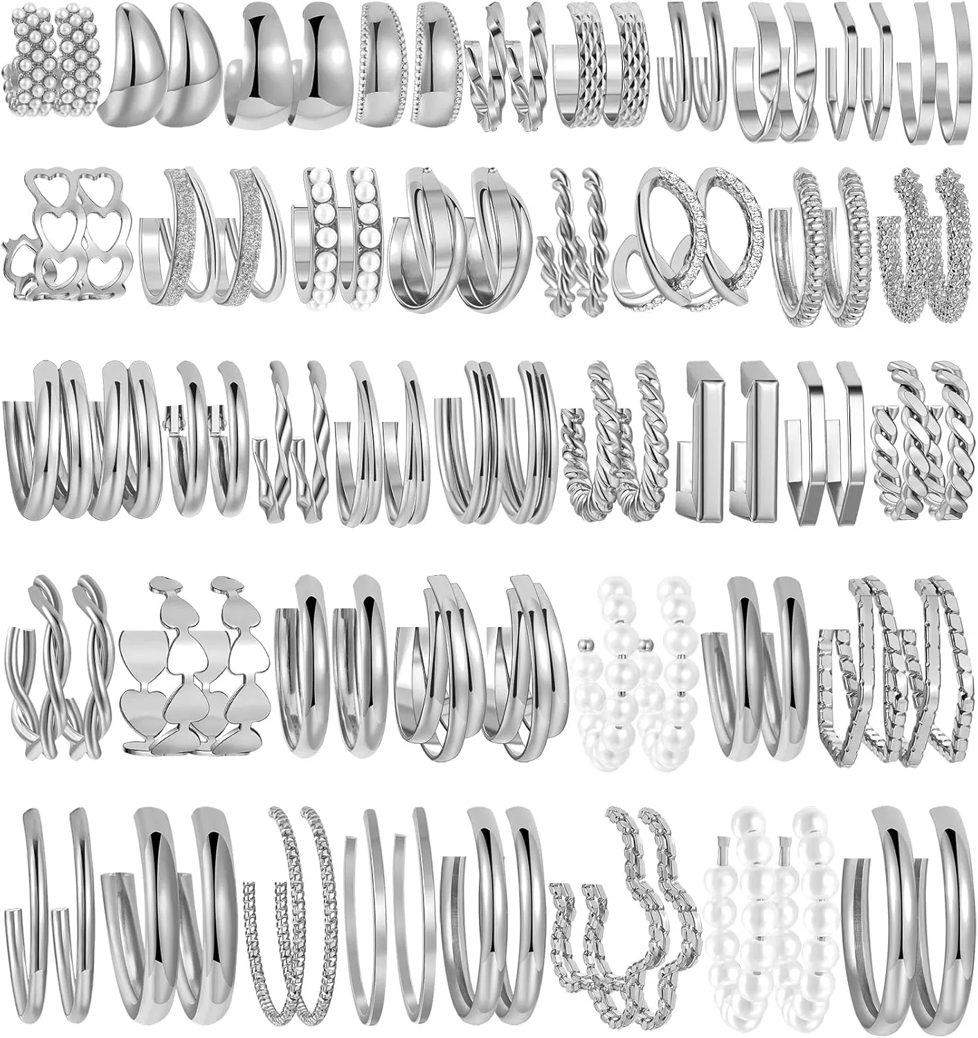 42 Pairs Gold Hoop Earrings Set for Women, Chunky Gold Earrings Multipack, Trendy Hypoallergenic Silver Hoop Earring Pack (Style4-silver)