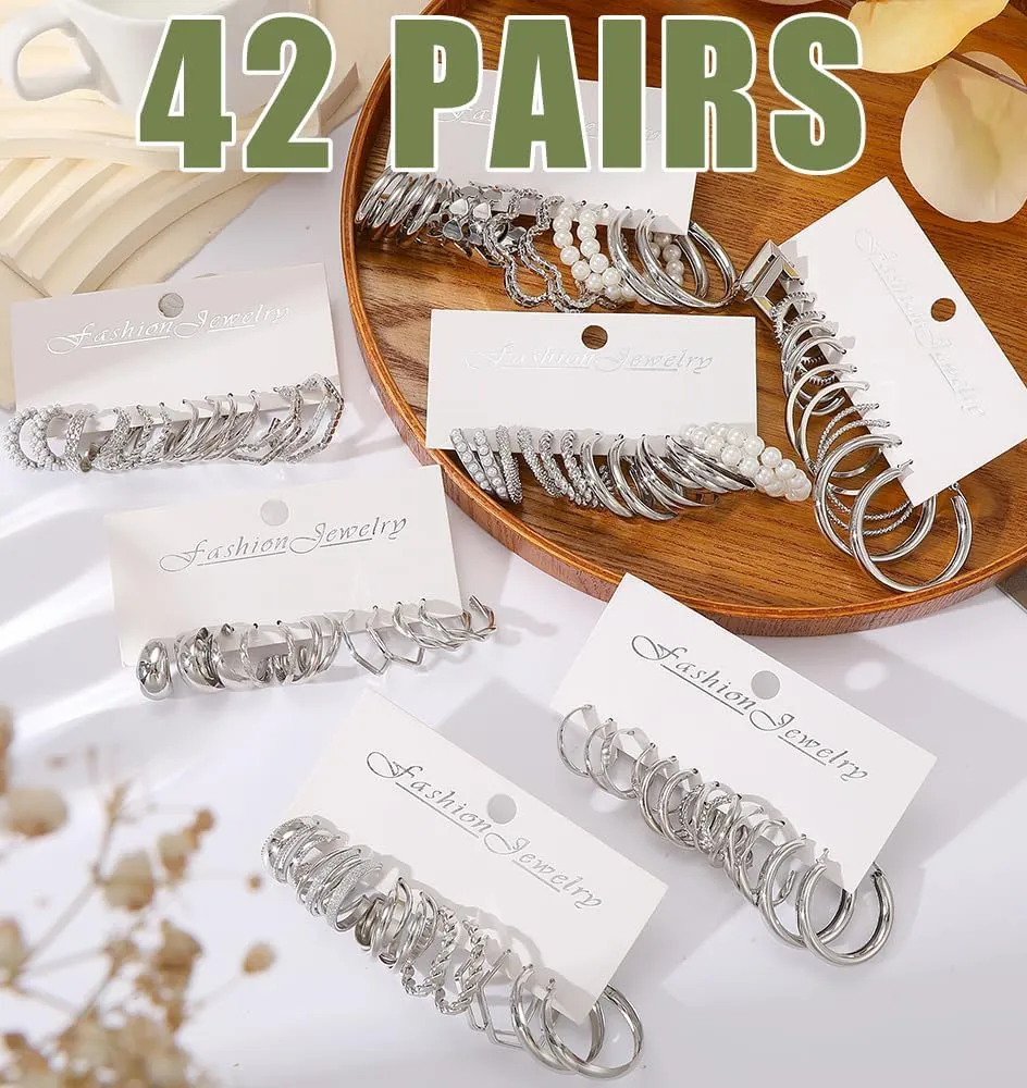 42 Pairs Gold Hoop Earrings Set for Women, Chunky Gold Earrings Multipack, Trendy Hypoallergenic Silver Hoop Earring Pack (Style4-silver)
