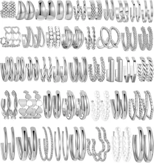 42 Pairs Gold Hoop Earrings Set for Women, Chunky Gold Earrings Multipack, Trendy Hypoallergenic Silver Hoop Earring Pack (Style4-silver)