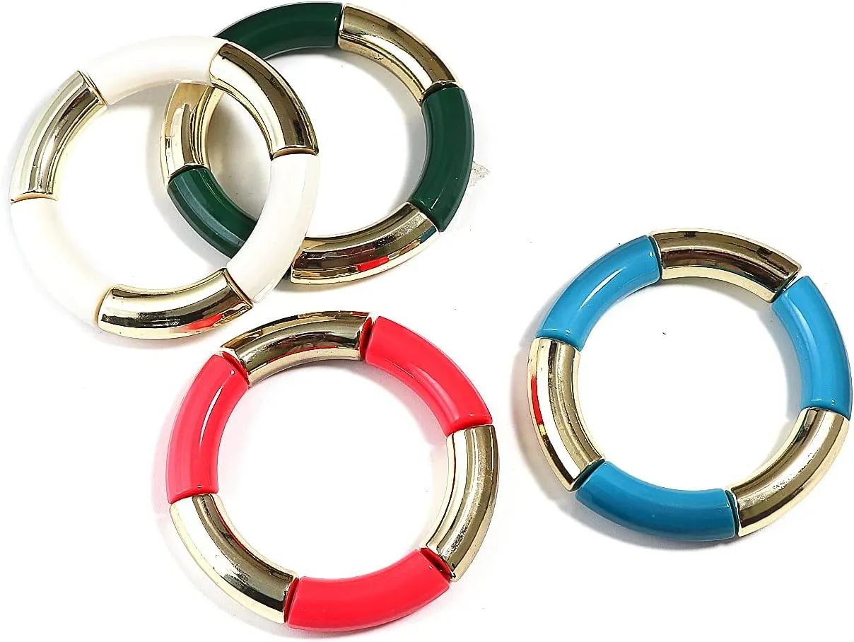 4pcs Colorful Acrylic Bamboo Tube Bending Tube Elasticity Bangles Bracelet Set Chunky Curved Cuff Stretchable Adjustable for Women Jewelry-A