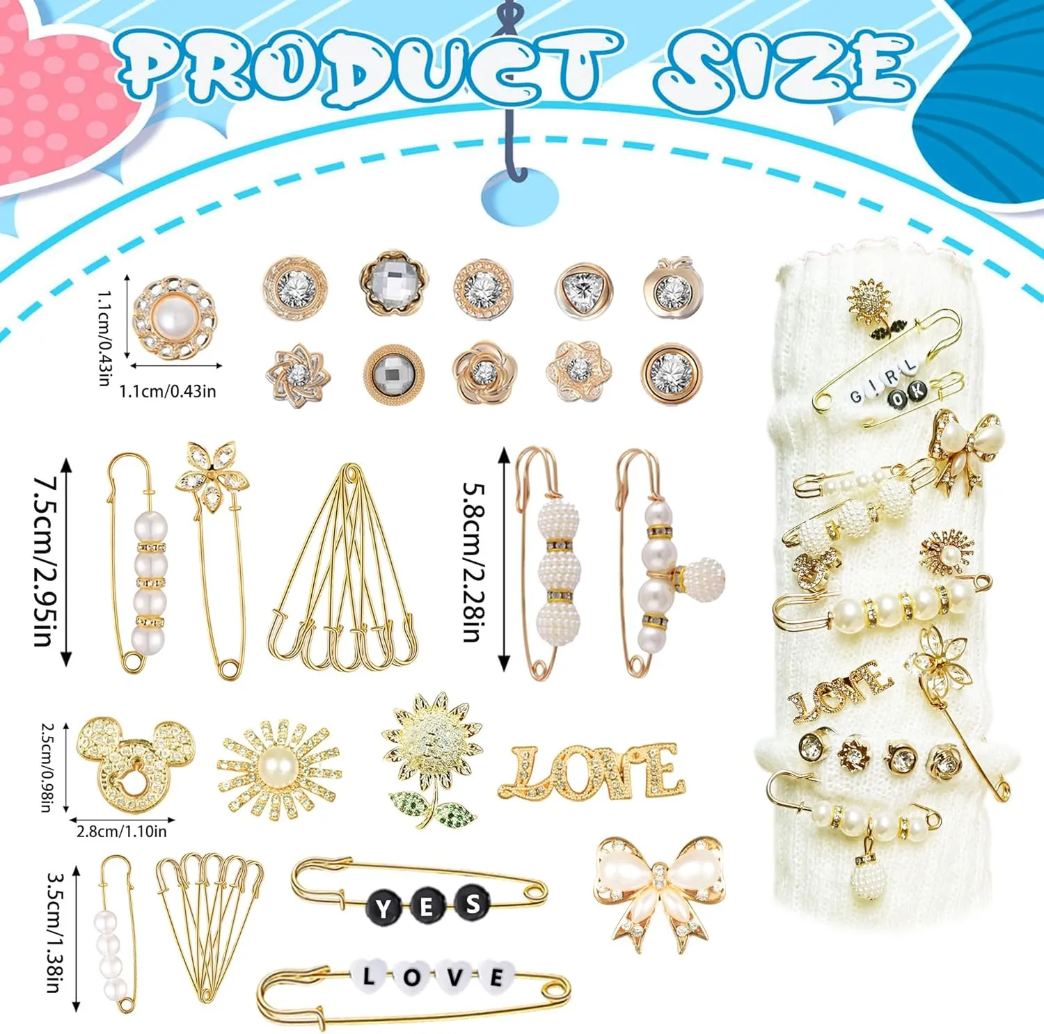 50-230pcs Charms for Socks Safety Pin Brooch Pins Gold Bling Sock Jewelry, Pearl Rhinestone Brooch Costom Style Pins Set(230)