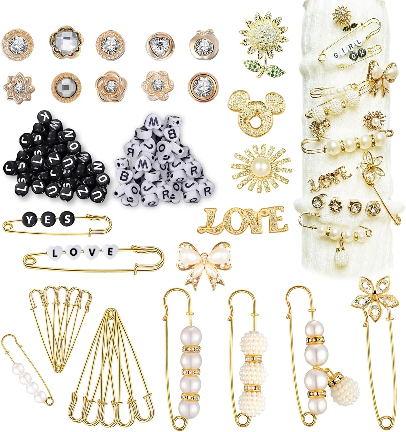 50-230pcs Charms for Socks Safety Pin Brooch Pins Gold Bling Sock Jewelry, Pearl Rhinestone Brooch Costom Style Pins Set(230)
