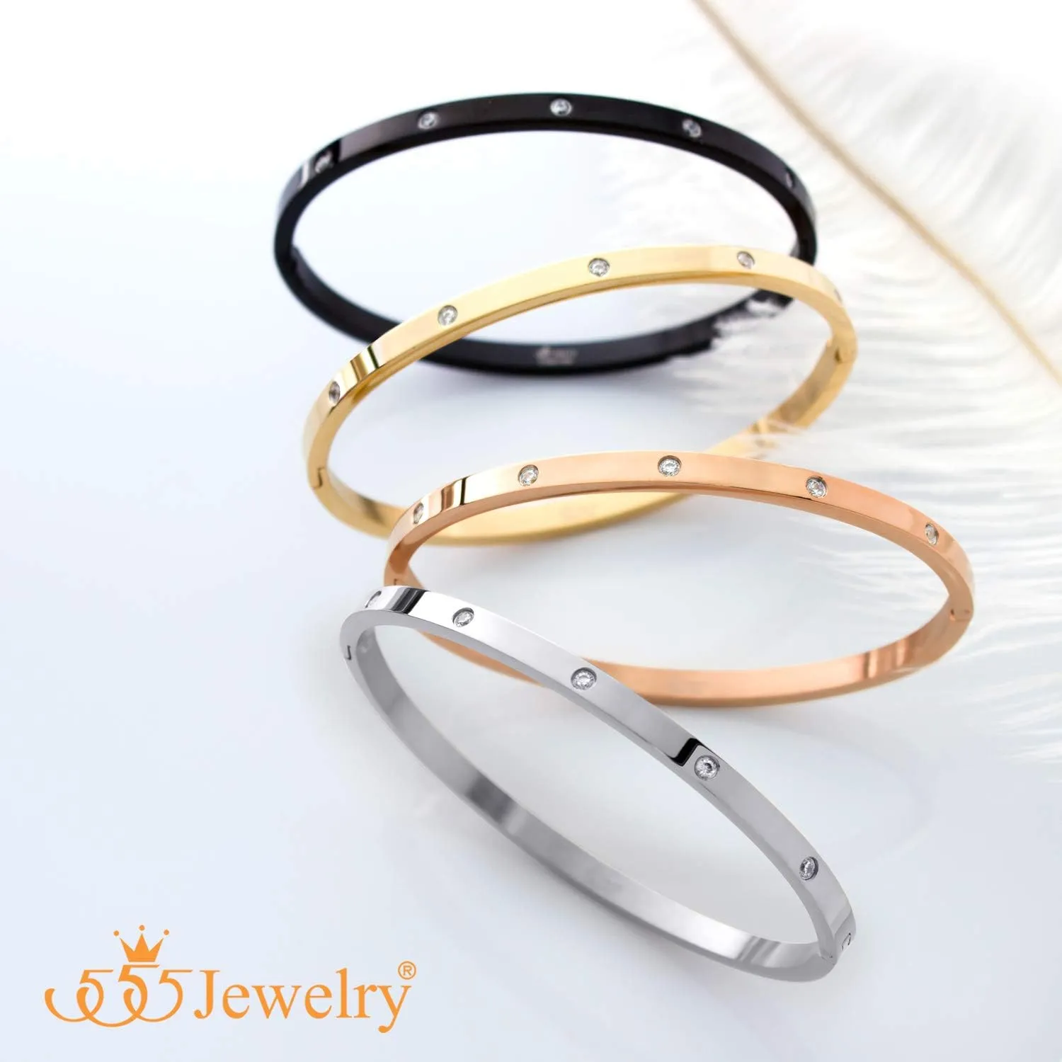 555Jewelry Womens Sparkling Cubic Zirconia Secure Hinge Lock Bangle Stainless Steel Bracelet