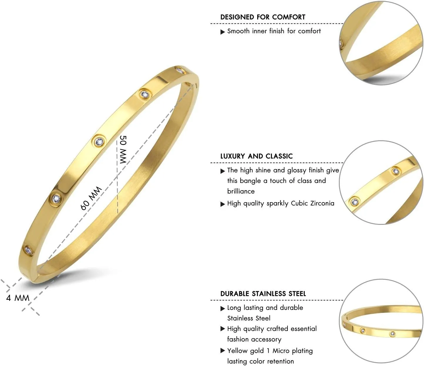 555Jewelry Womens Sparkling Cubic Zirconia Secure Hinge Lock Bangle Stainless Steel Bracelet