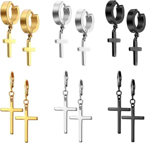 6 Pairs Cross Earrings Crucifix Drop Earrings Jewelry Dangle Hinged Earrings Stainless Steel Cross Hoop Earrings Stud Earrings Black Silver Gold Earrings for Men and Women