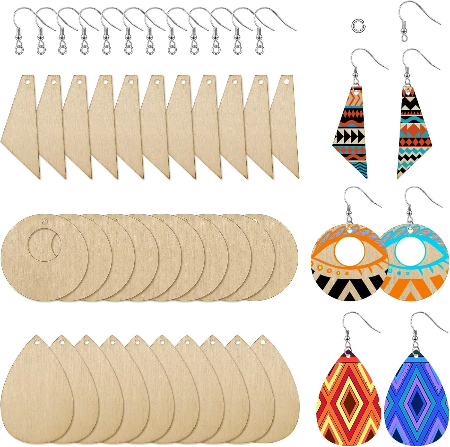 60 Pieces Unfinished Wooden Earrings Pendants Blank Teardrop and Tapered Cutout Pendants with Earring Hooks and Jump Rings for DIY Craft Jewelry Making