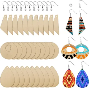 60 Pieces Unfinished Wooden Earrings Pendants Blank Teardrop and Tapered Cutout Pendants with Earring Hooks and Jump Rings for DIY Craft Jewelry Making