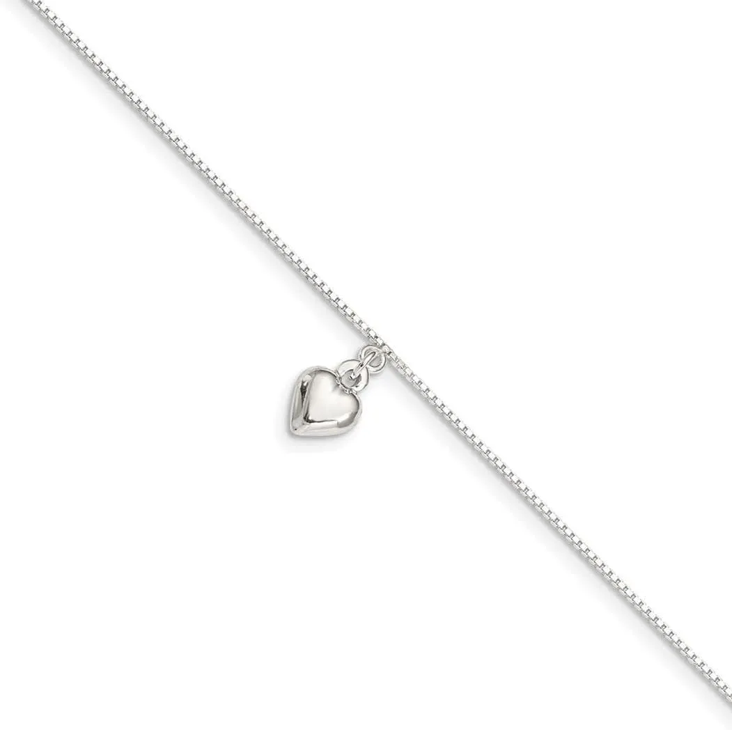 925 Sterling Silver 10inch Polished 3-Dimensional Puffed Heart Anklet