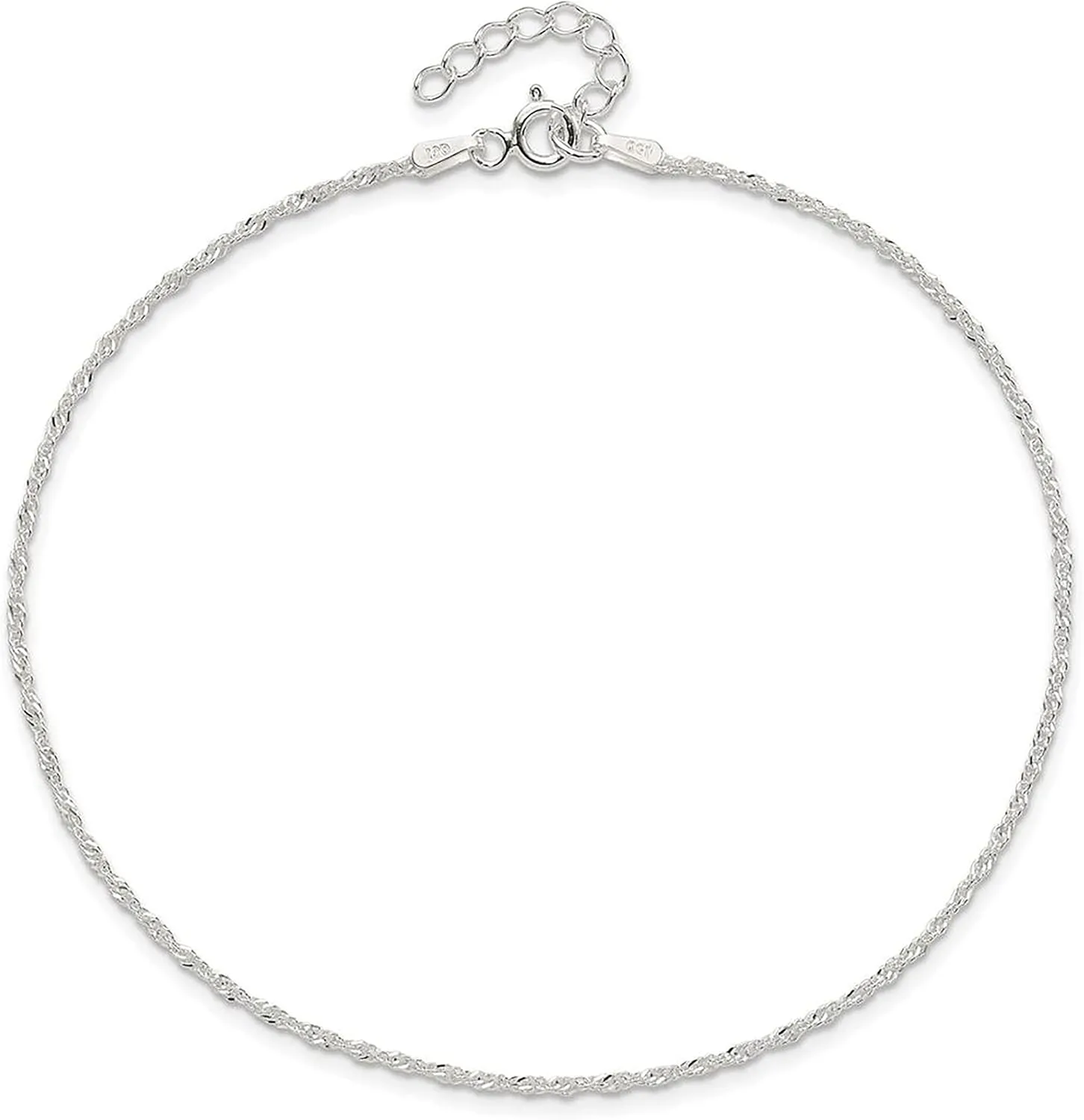 925 Sterling Silver 1.3mm Singapore with 9" Length with 1" Extender Chain Anklet