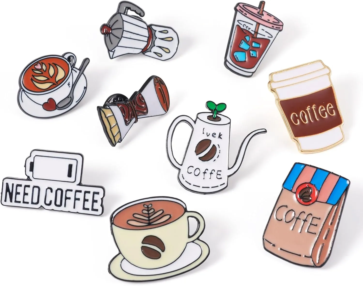 9Pcs Enamel Pins Set - Coffee Theme Brooch Badges Alloy Lapel Pin 18-29mm for Clothing Decorative Supplies