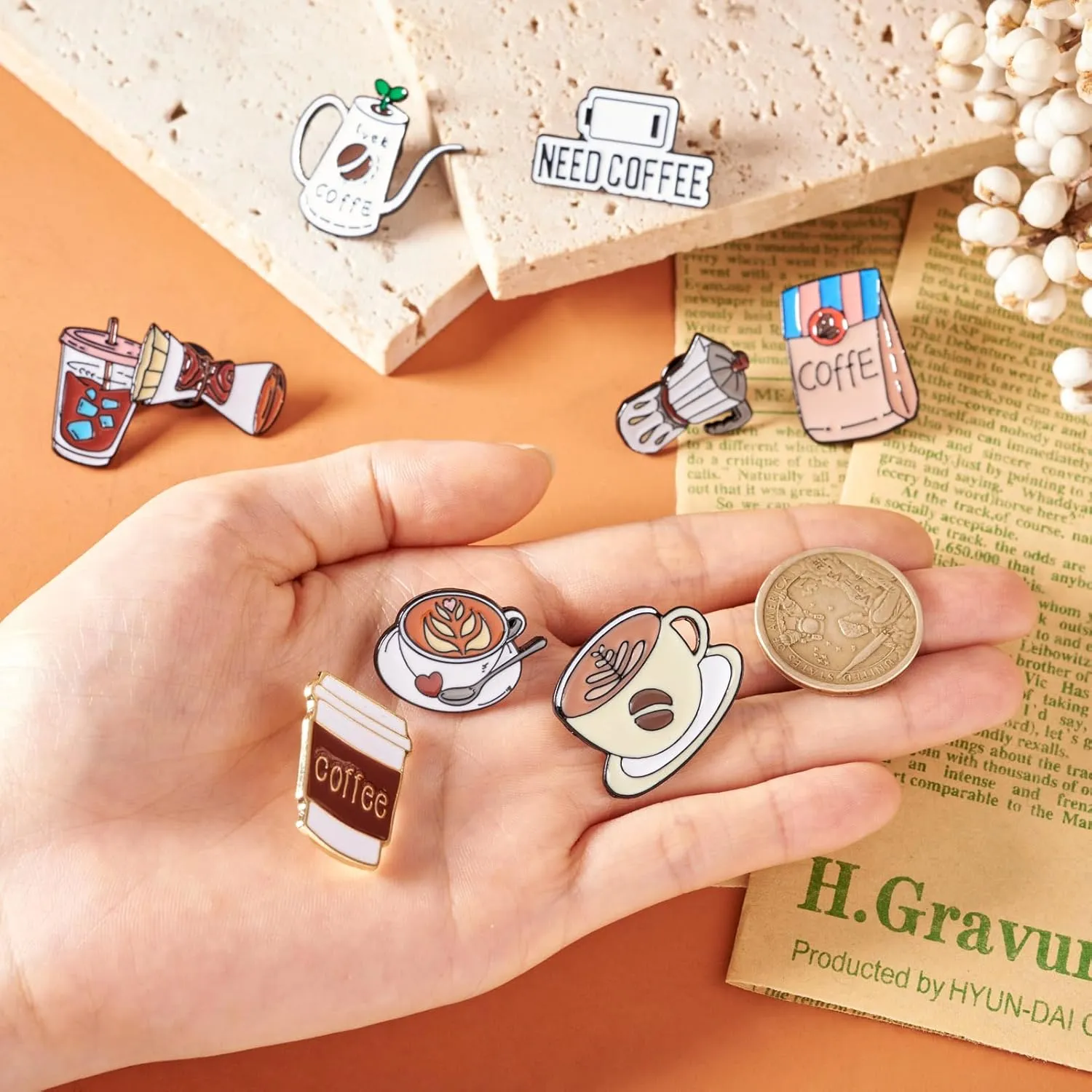 9Pcs Enamel Pins Set - Coffee Theme Brooch Badges Alloy Lapel Pin 18-29mm for Clothing Decorative Supplies