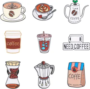 9Pcs Enamel Pins Set - Coffee Theme Brooch Badges Alloy Lapel Pin 18-29mm for Clothing Decorative Supplies