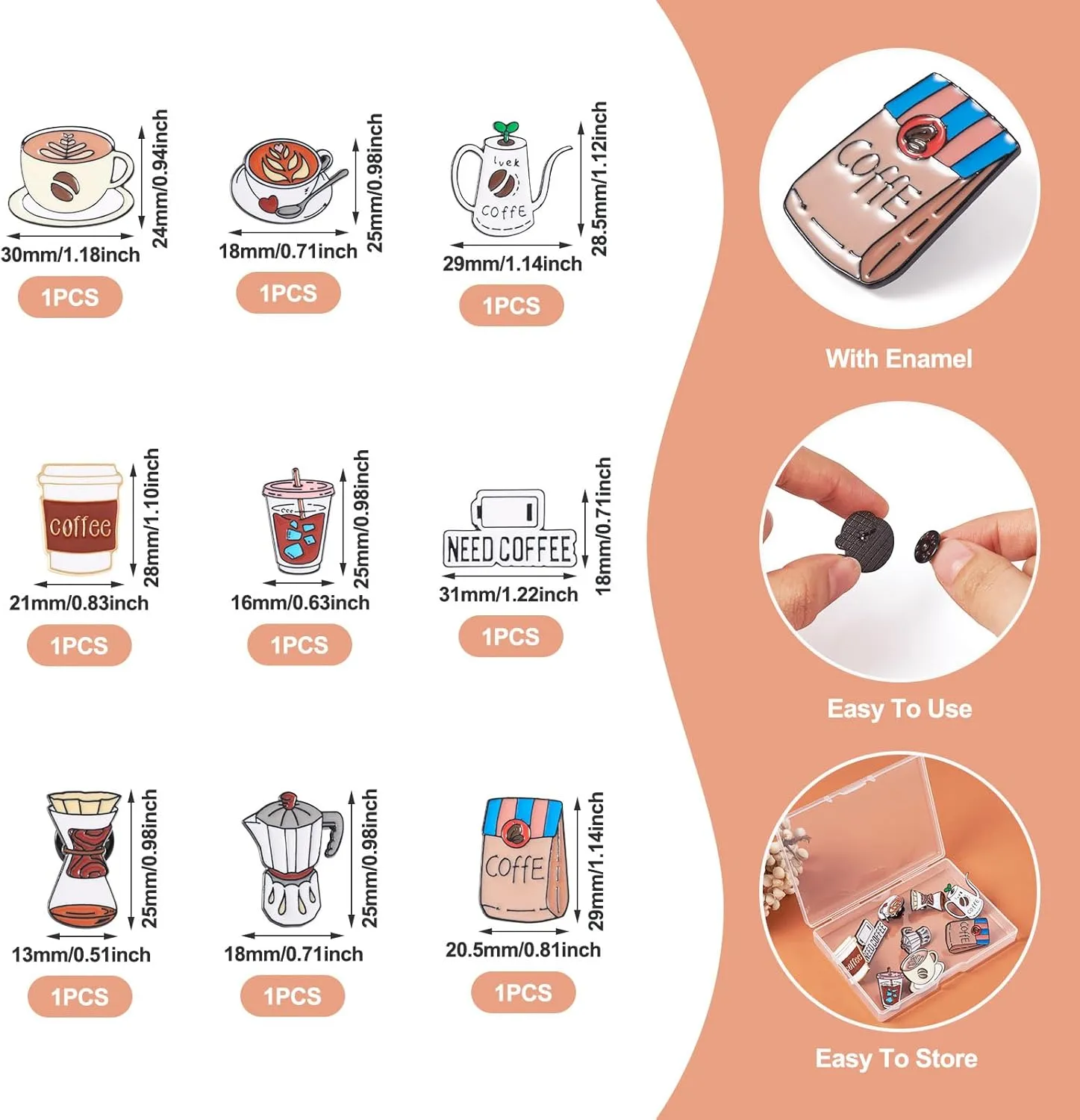 9Pcs Enamel Pins Set - Coffee Theme Brooch Badges Alloy Lapel Pin 18-29mm for Clothing Decorative Supplies
