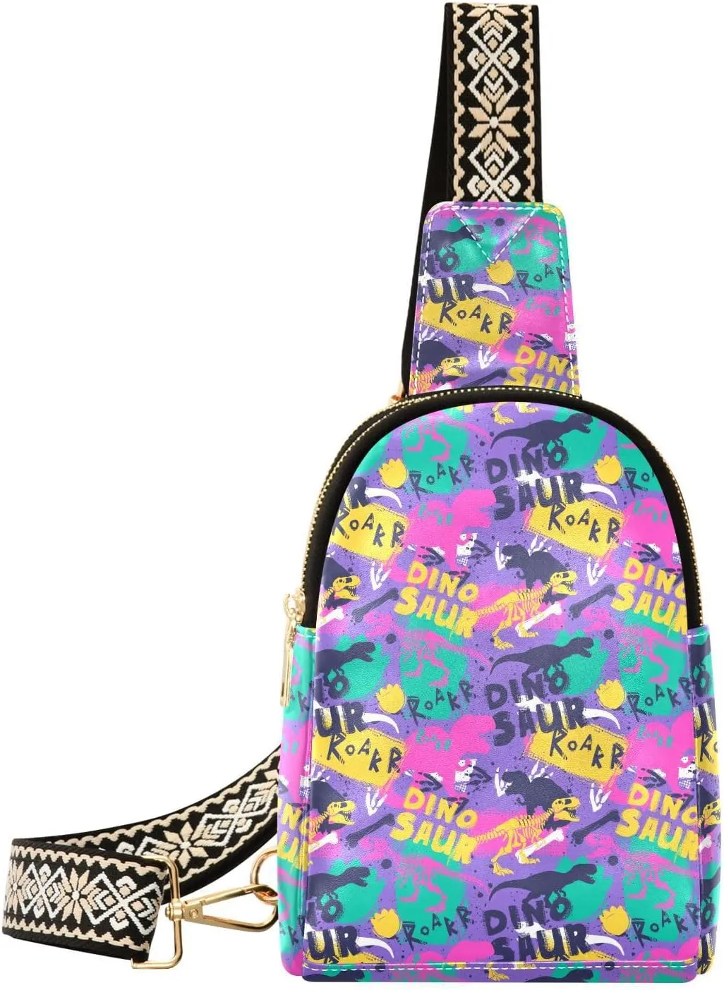 Abstract Dinosaur Fanny Pack Crossbody PC Leather Small Sling Bag for Women Creative Dino Fashion Waist Packs Chest Bag for Travel Sports Running Hiking