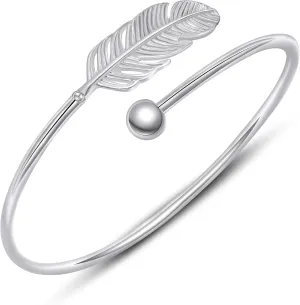 AILUOR 925 Silver Leaf Feather Bangle Bracelet Bohemian style Fashion Charms Bracelets Jewelry Cuff Women Adjustable