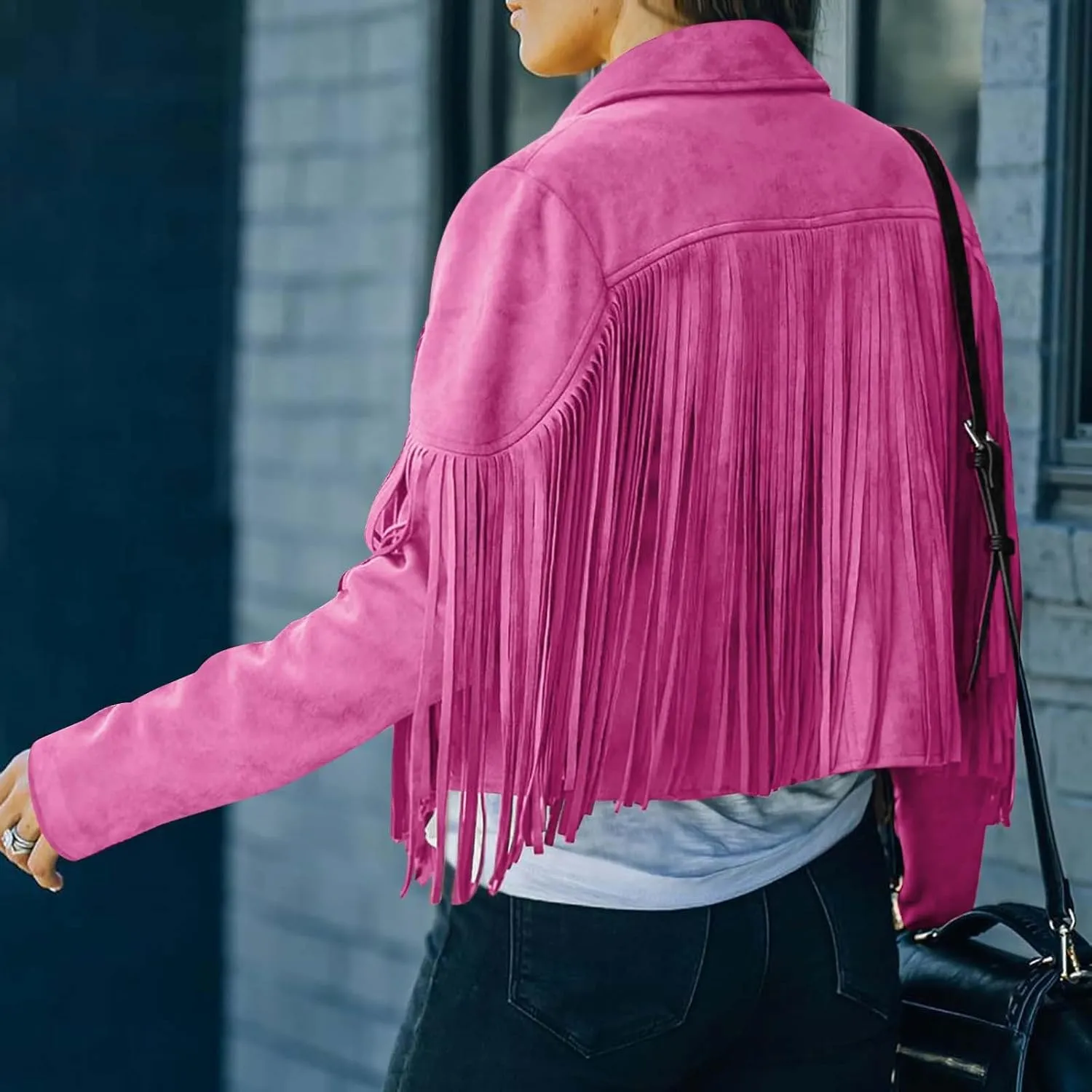 Akklian Casual Faux Suede Leather Jacket Women Retro Motorcycle Jacket Lapel Fringed Cropped Jacket Tassel Moto Jacket Coat