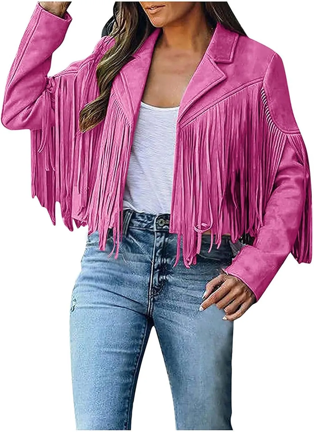 Akklian Casual Faux Suede Leather Jacket Women Retro Motorcycle Jacket Lapel Fringed Cropped Jacket Tassel Moto Jacket Coat