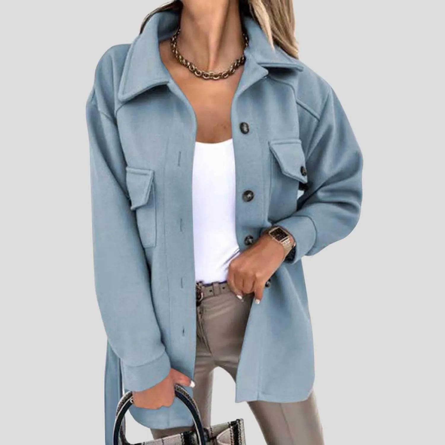 Akklian Trendy Trench Coat Women 2024 Lapel Button Down Casual Jacket Fall Winter Woolen Mid-Length Outerwear with Pockets