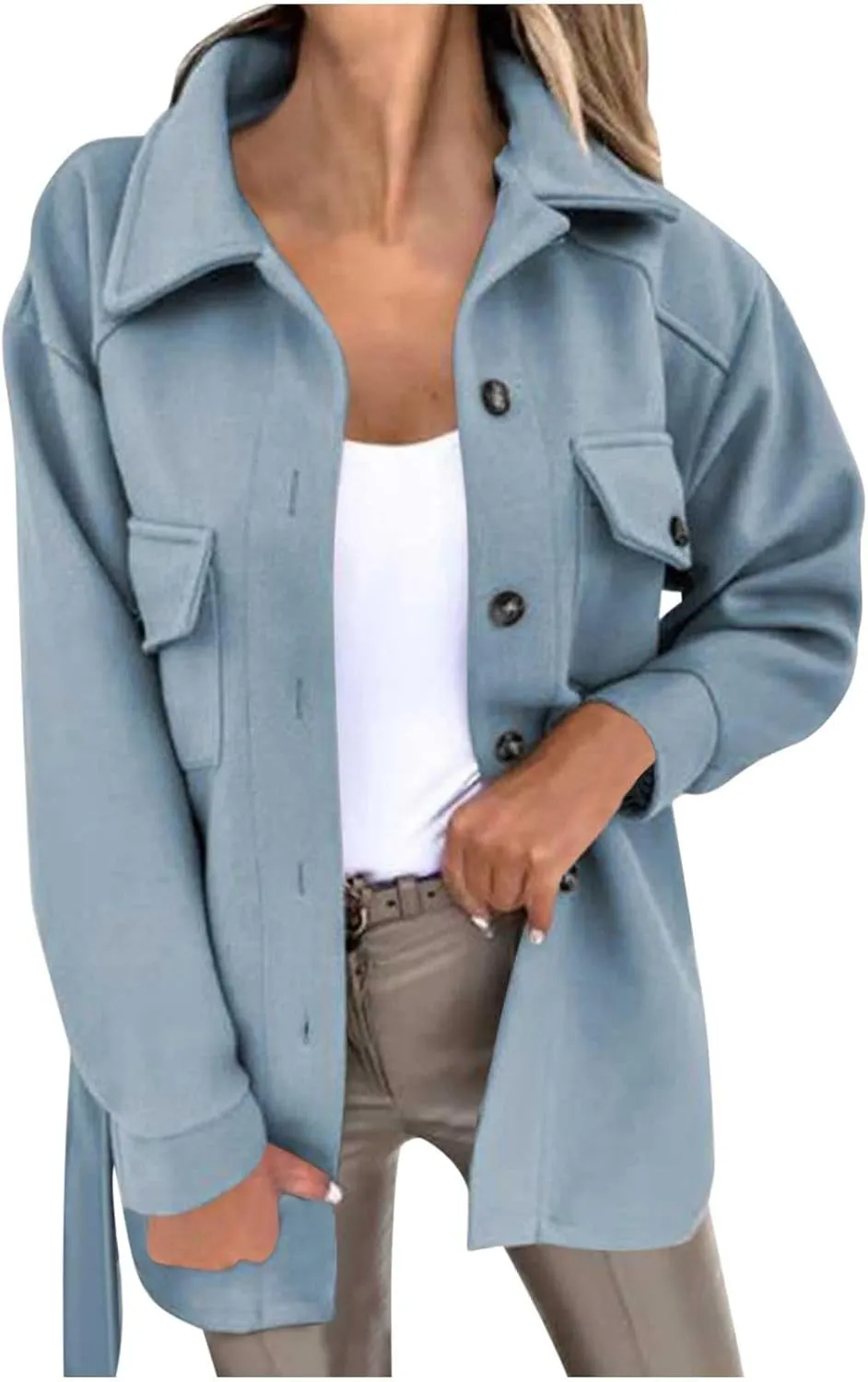 Akklian Trendy Trench Coat Women 2024 Lapel Button Down Casual Jacket Fall Winter Woolen Mid-Length Outerwear with Pockets