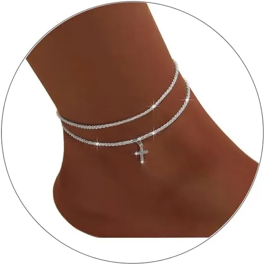 Ankle Bracelets for Women,14K Gold Plated Layered Glitter Waterproof Anklet Rhinestone Cross Anklets Layered Anklet Bracelets Boho Summer Beach Waterproof Anklet Jewelry