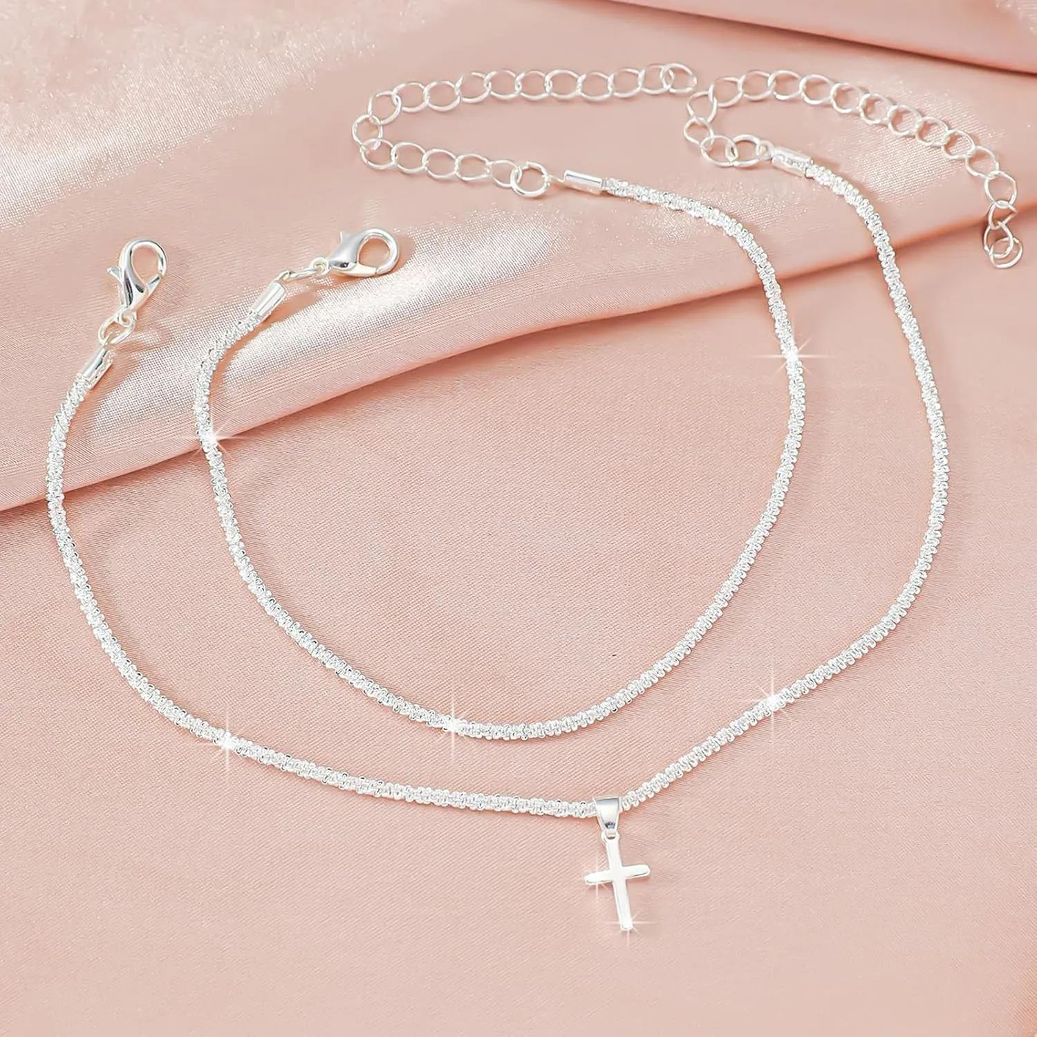 Ankle Bracelets for Women,14K Gold Plated Layered Glitter Waterproof Anklet Rhinestone Cross Anklets Layered Anklet Bracelets Boho Summer Beach Waterproof Anklet Jewelry
