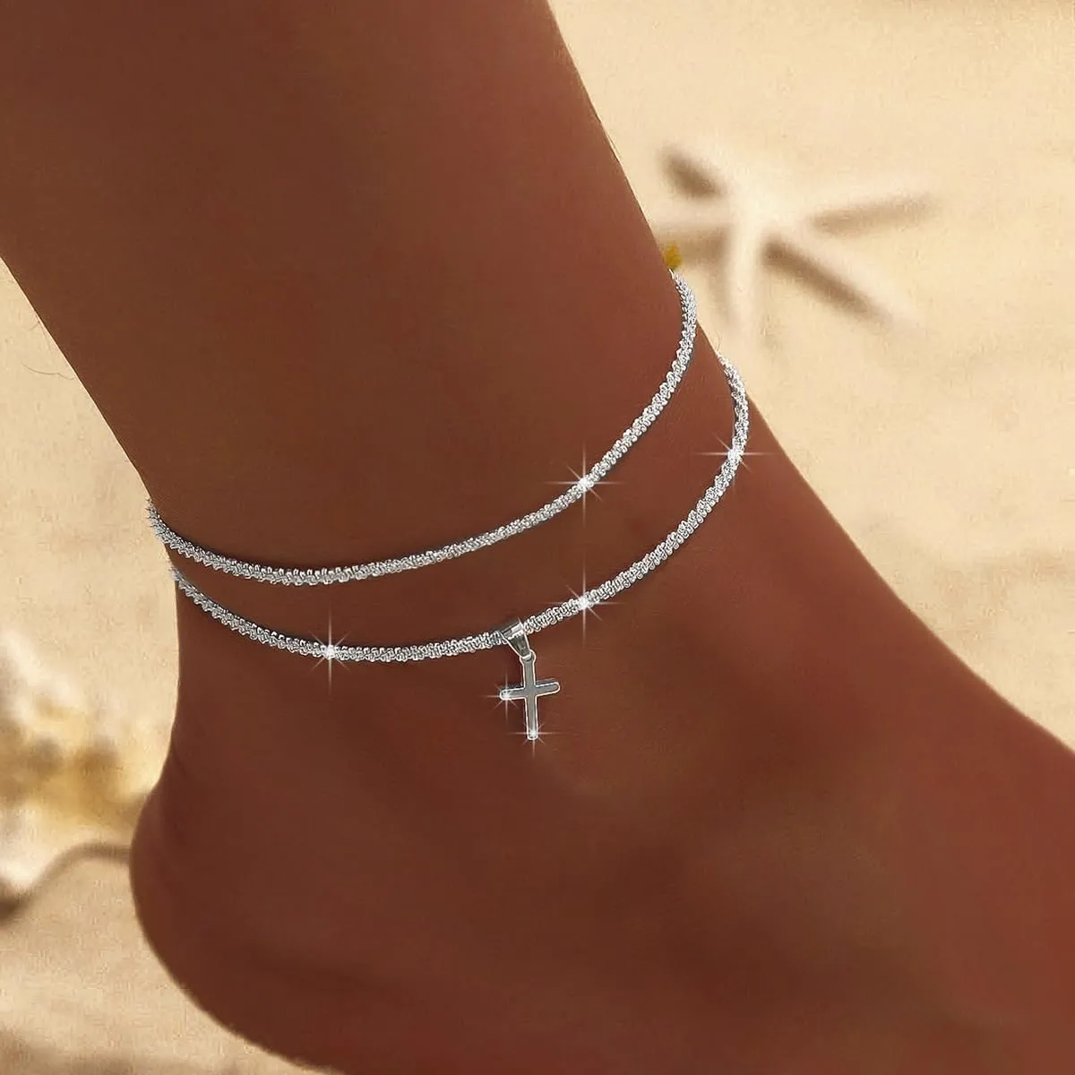 Ankle Bracelets for Women,14K Gold Plated Layered Glitter Waterproof Anklet Rhinestone Cross Anklets Layered Anklet Bracelets Boho Summer Beach Waterproof Anklet Jewelry
