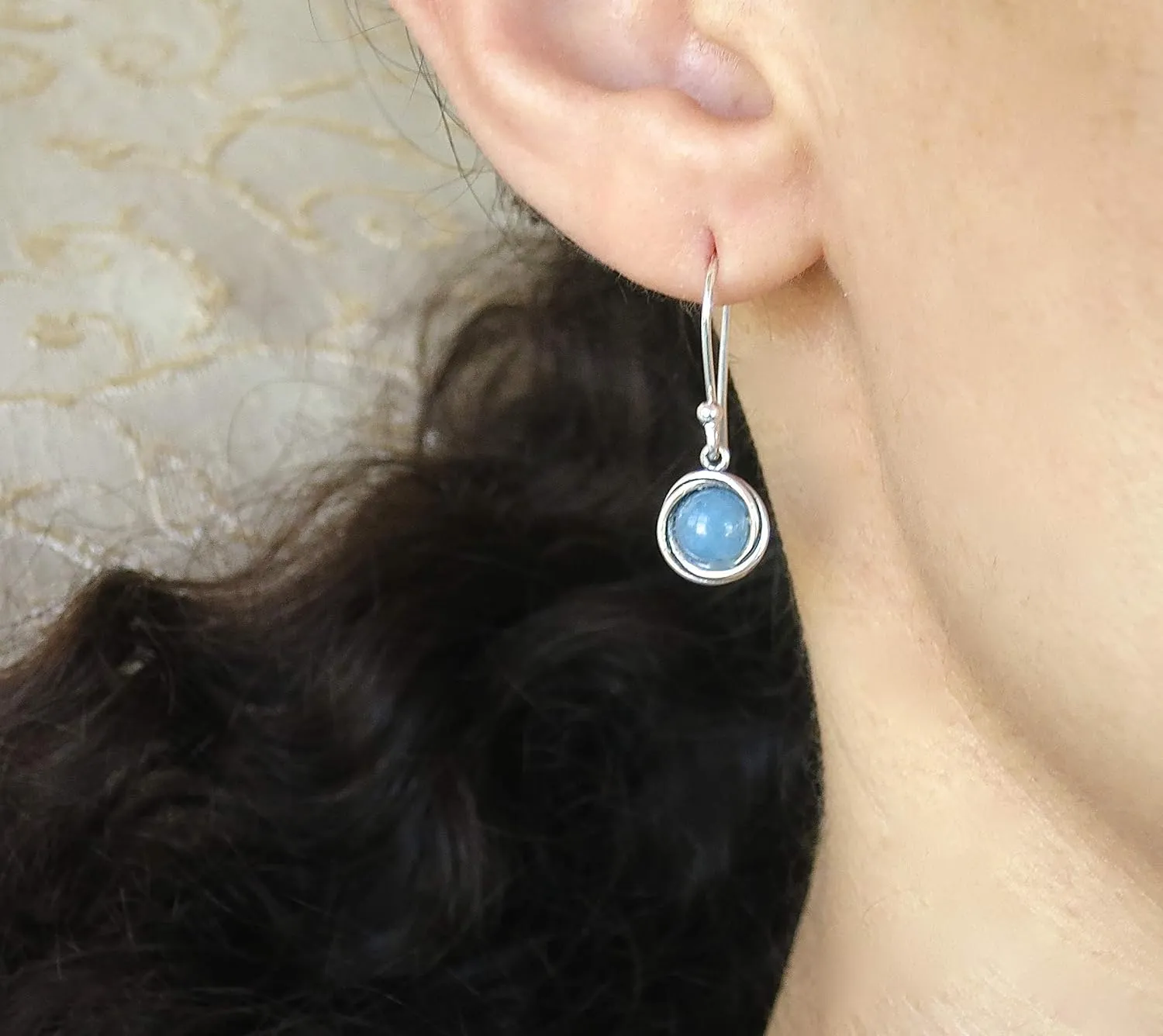 Aquamarine earrings, Sterling silver 925 dangle earrings for women and girls, Blue stone earrings, Dainty drop earrings, March birthstone, Round small silver Aquamarine earrings, Blue earrings
