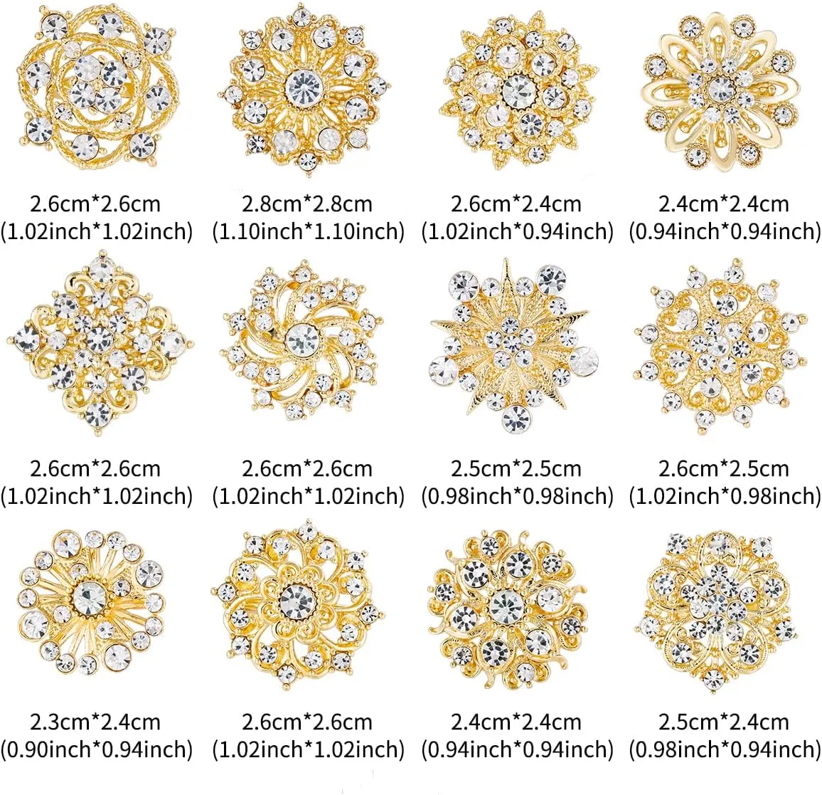 Assorted Small Size Crystal Rhinestone Flower Brooch Pins Set for Crafts Embellishment, Wedding Bouquet Brooches for Women Fashion