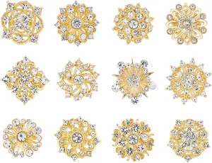 Assorted Small Size Crystal Rhinestone Flower Brooch Pins Set for Crafts Embellishment, Wedding Bouquet Brooches for Women Fashion