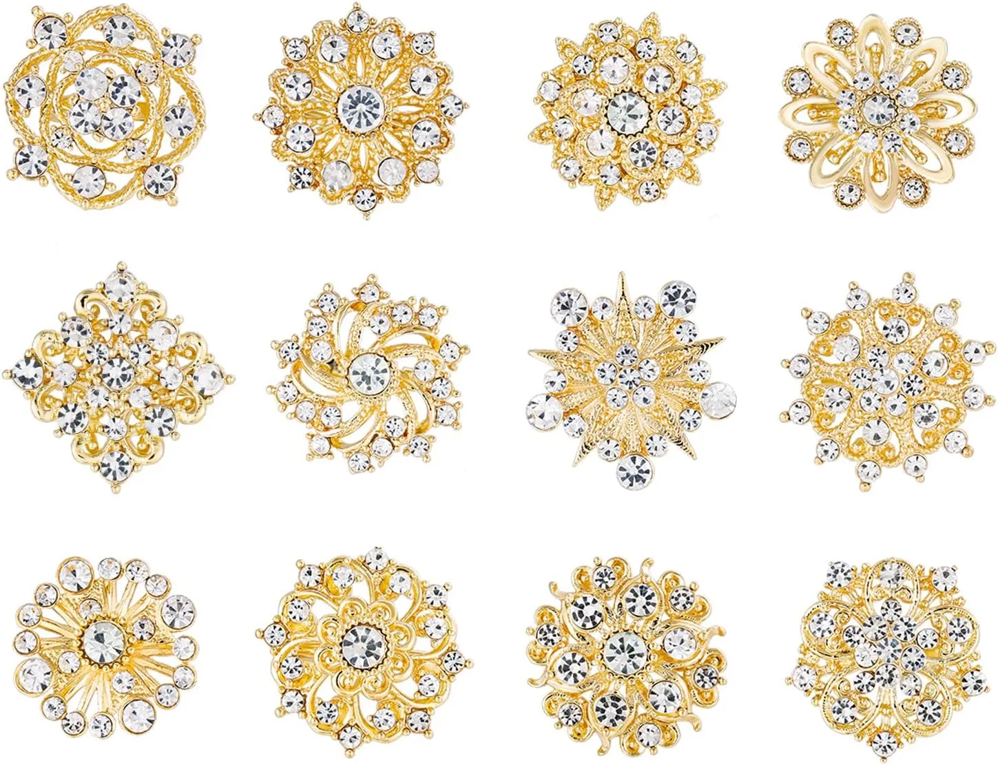 Assorted Small Size Crystal Rhinestone Flower Brooch Pins Set for Crafts Embellishment, Wedding Bouquet Brooches for Women Fashion