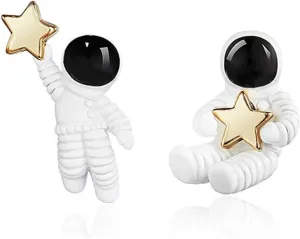 Asymmetric Astronaut Star Small Stud Earrings for Women Creative Cute Cartoon 3D White Spaceman Meteor Planet Universe Hypoallergenic Earrings for Space Science Lover Fashion Jewelry Gifts
