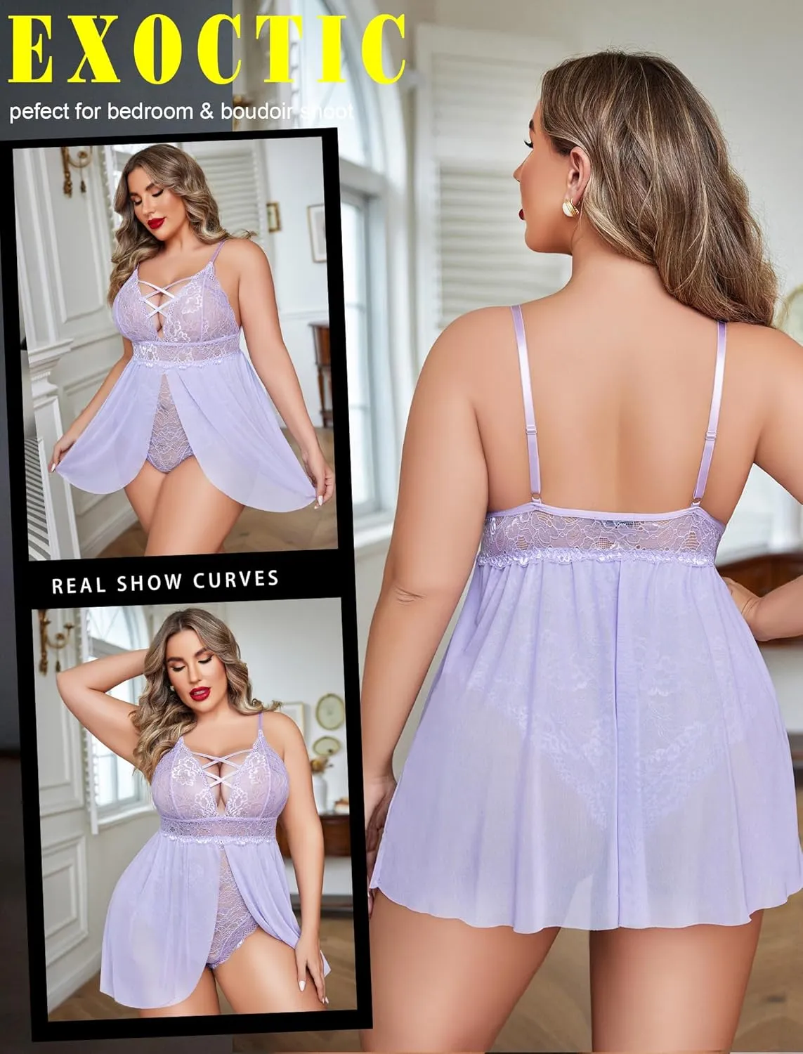 Avidlove Plus Size Babydoll Womens Snap Crotch Lingerie V Neck Lace Nighty Sleepwear L-5XL