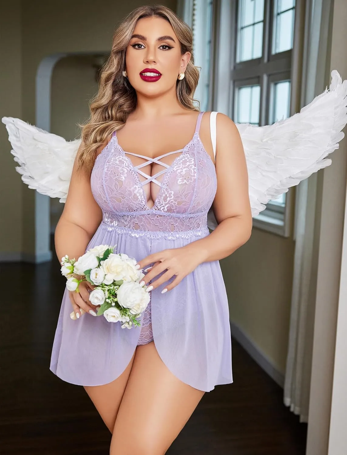 Avidlove Plus Size Babydoll Womens Snap Crotch Lingerie V Neck Lace Nighty Sleepwear L-5XL