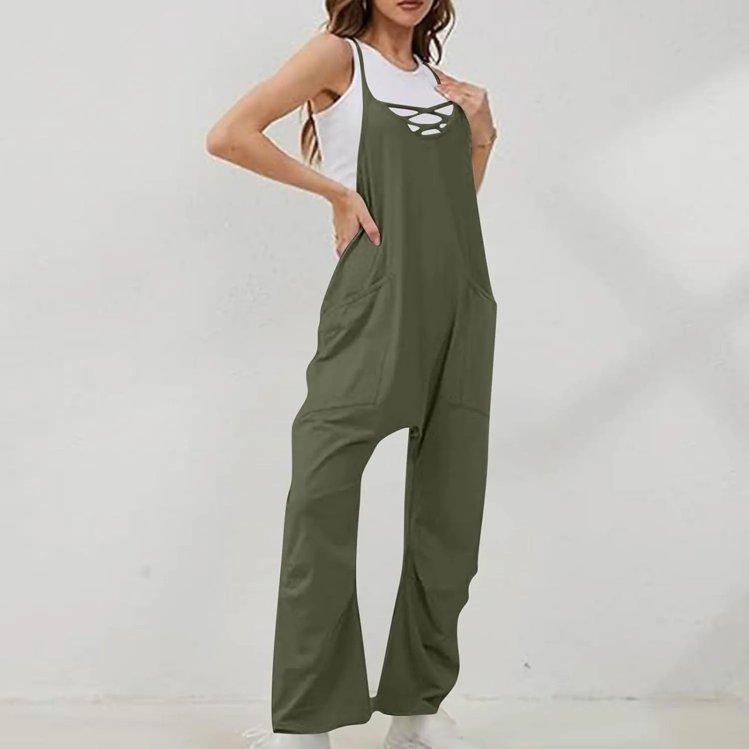 Baggy Overalls for Women Causal Jumpsuits V Neck Sleeveless Spaghetti Strap Harem Long Pant Rompers with Pockets