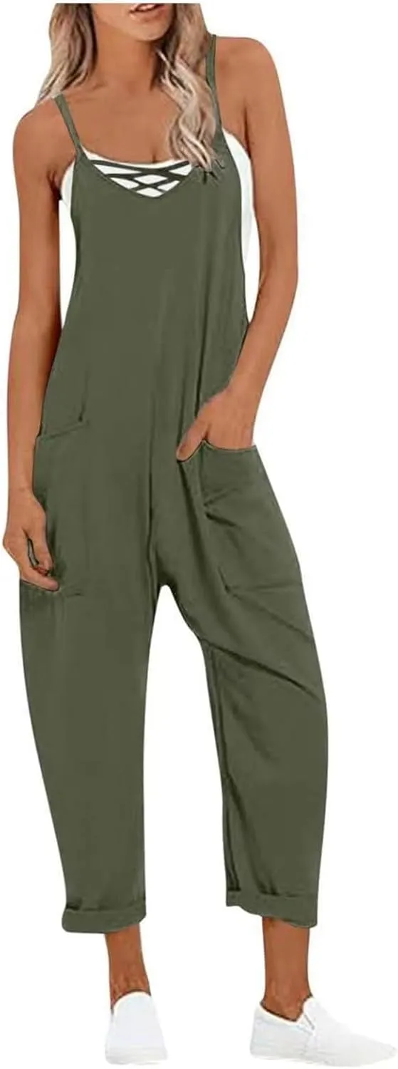 Baggy Overalls for Women Causal Jumpsuits V Neck Sleeveless Spaghetti Strap Harem Long Pant Rompers with Pockets