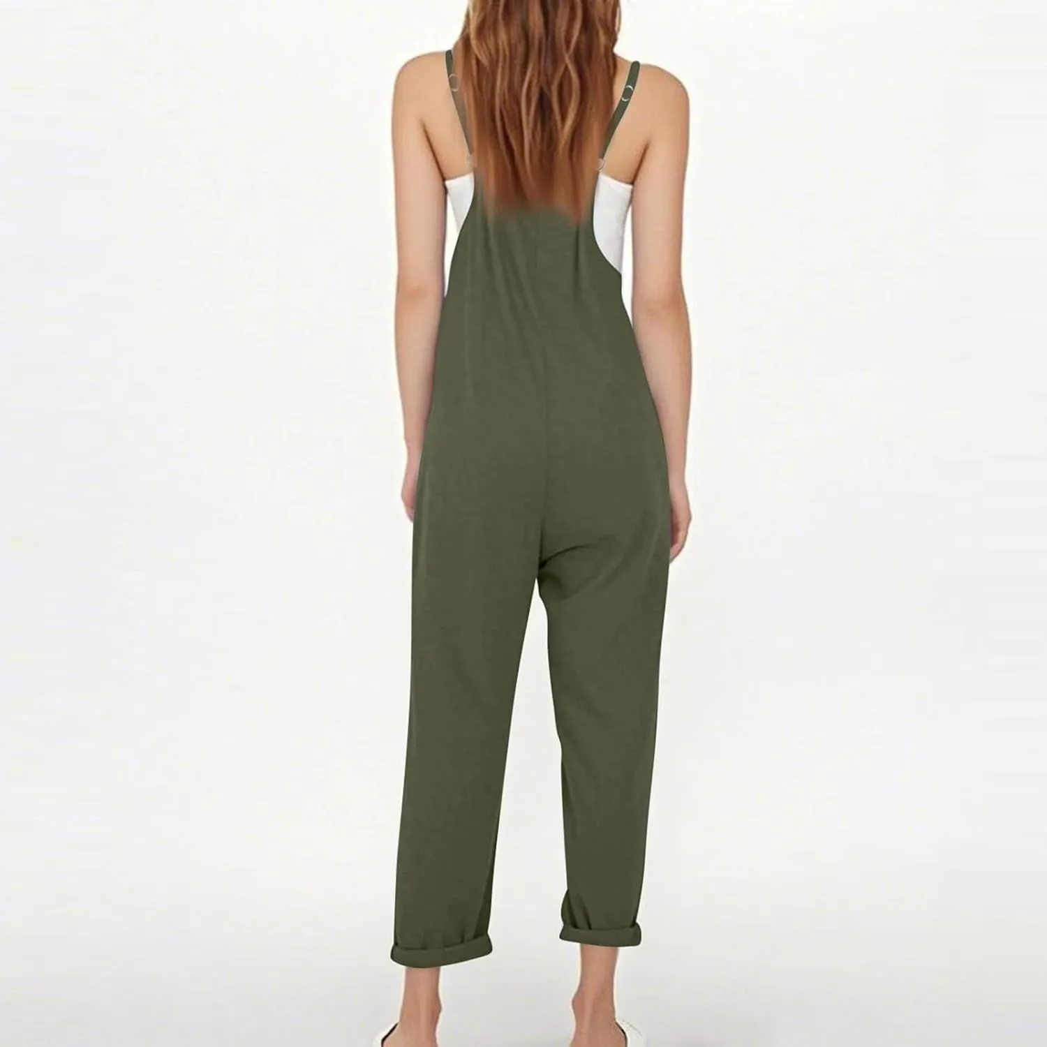 Baggy Overalls for Women Causal Jumpsuits V Neck Sleeveless Spaghetti Strap Harem Long Pant Rompers with Pockets