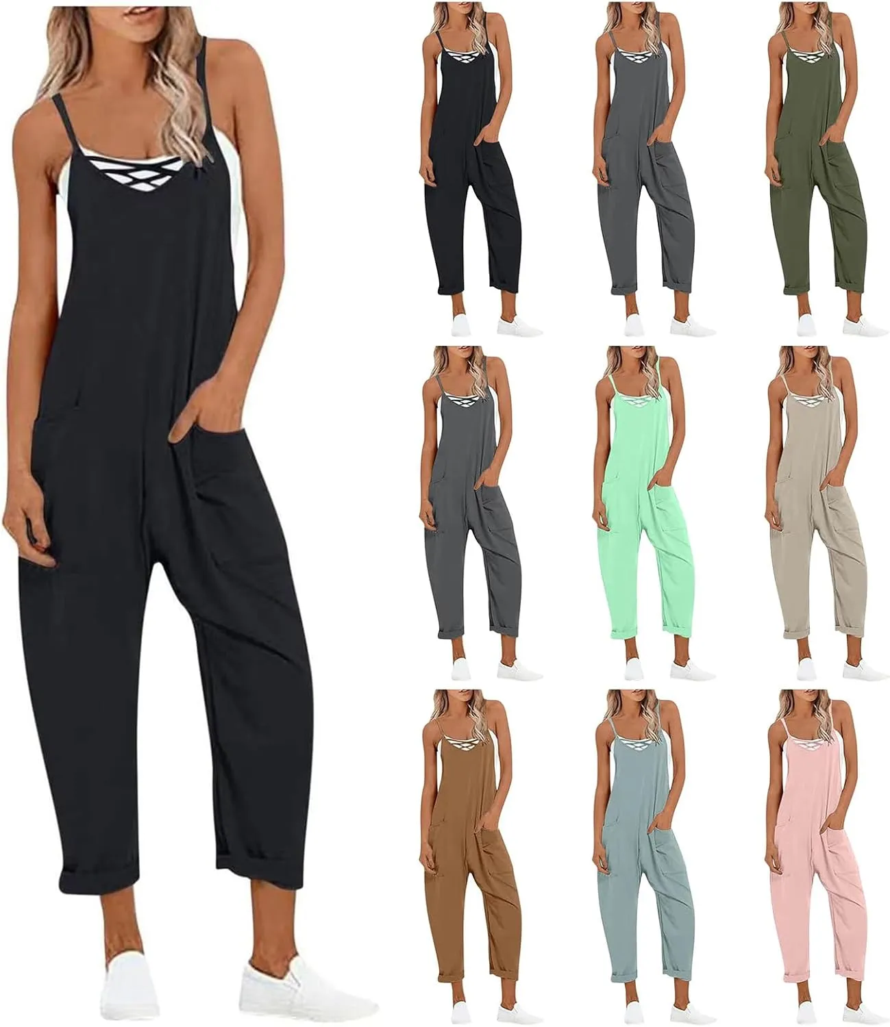 Baggy Overalls for Women Causal Jumpsuits V Neck Sleeveless Spaghetti Strap Harem Long Pant Rompers with Pockets