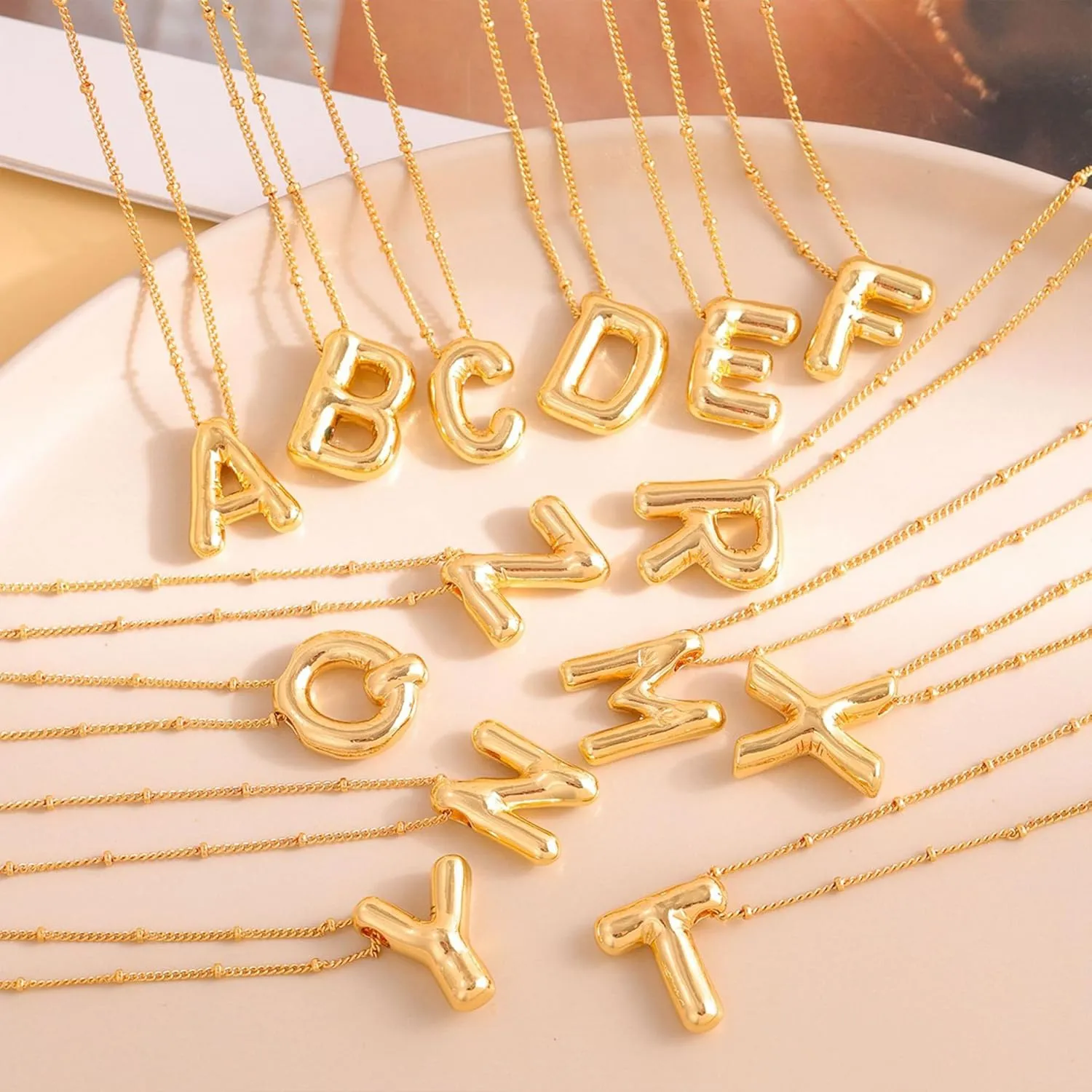 Balloon Letter Necklace Gold for Women, 18k Gold Plated Chain Pendant Charm Necklace, Initial Name Choker Jewelry Dainty Gold Puffy Necklace for Women