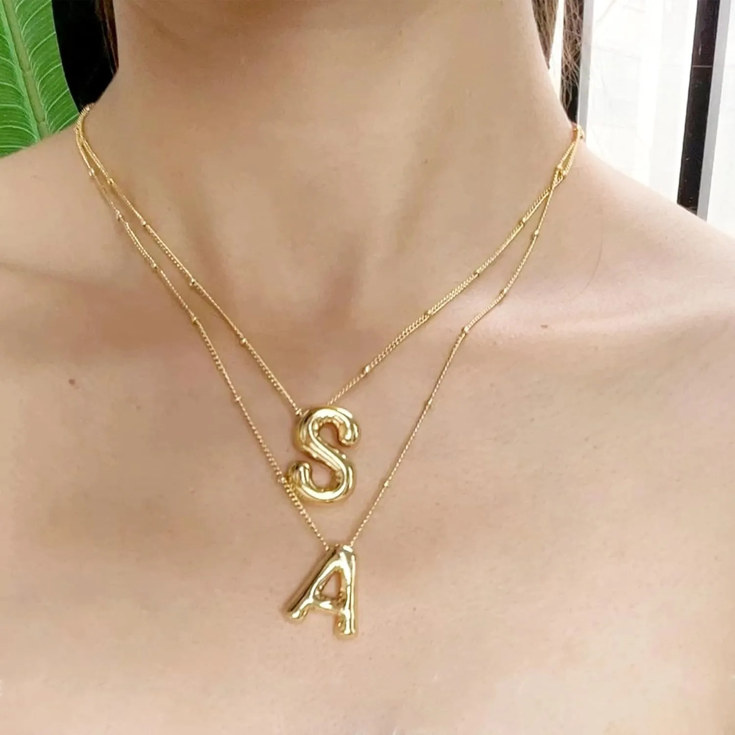 Balloon Letter Necklace Gold for Women, 18k Gold Plated Chain Pendant Charm Necklace, Initial Name Choker Jewelry Dainty Gold Puffy Necklace for Women