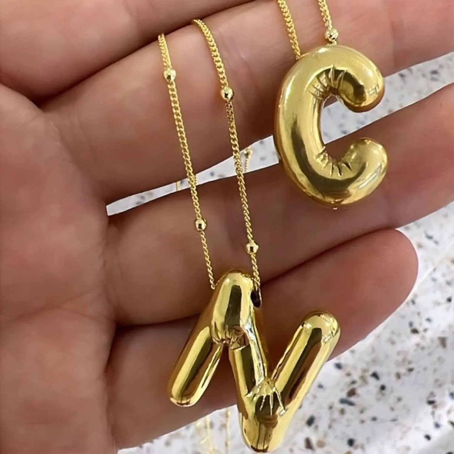 Balloon Letter Necklace Gold for Women, 18k Gold Plated Chain Pendant Charm Necklace, Initial Name Choker Jewelry Dainty Gold Puffy Necklace for Women