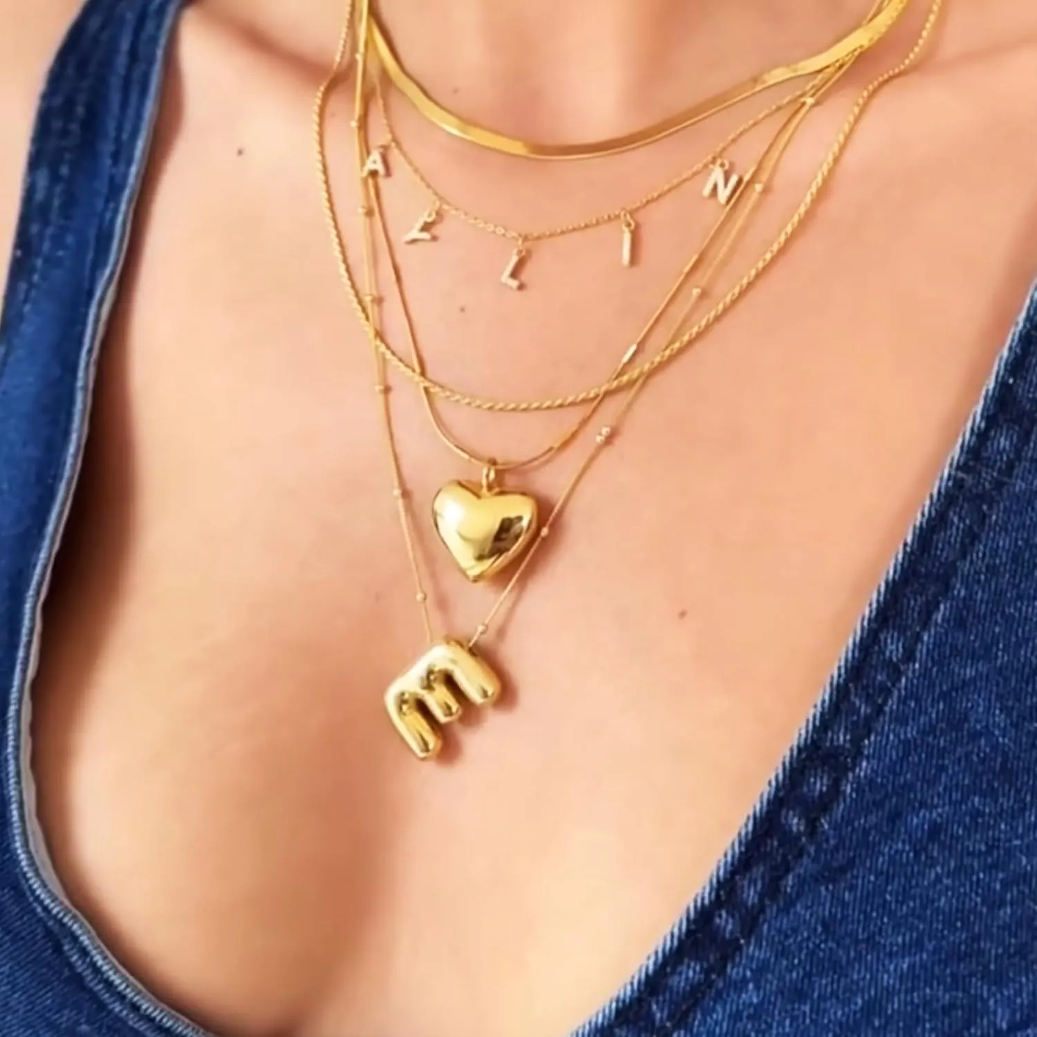 Balloon Letter Necklace Gold for Women, 18k Gold Plated Chain Pendant Charm Necklace, Initial Name Choker Jewelry Dainty Gold Puffy Necklace for Women