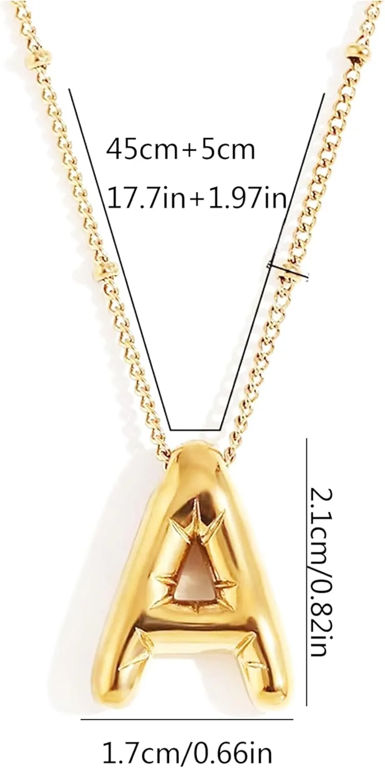 Balloon Letter Necklace Gold for Women, 18k Gold Plated Chain Pendant Charm Necklace, Initial Name Choker Jewelry Dainty Gold Puffy Necklace for Women