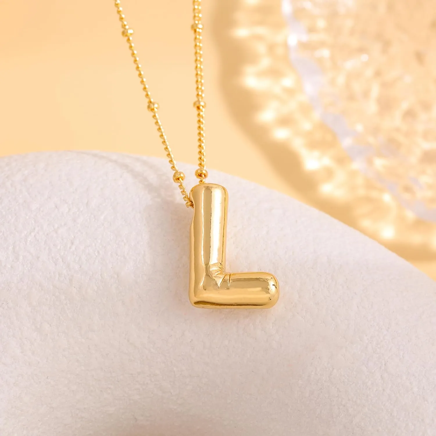 Balloon Letter Necklace Gold for Women, 18k Gold Plated Chain Pendant Charm Necklace, Initial Name Choker Jewelry Dainty Gold Puffy Necklace for Women